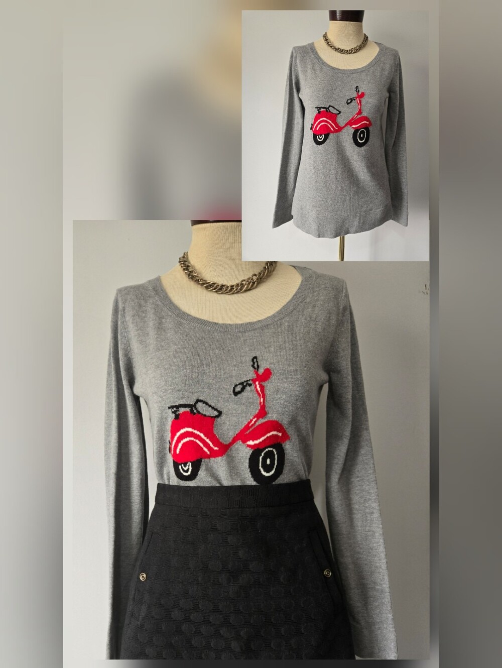 Banana Republic FactoryGray Scoop-Neck Sweater with Red Scooter. Size Small